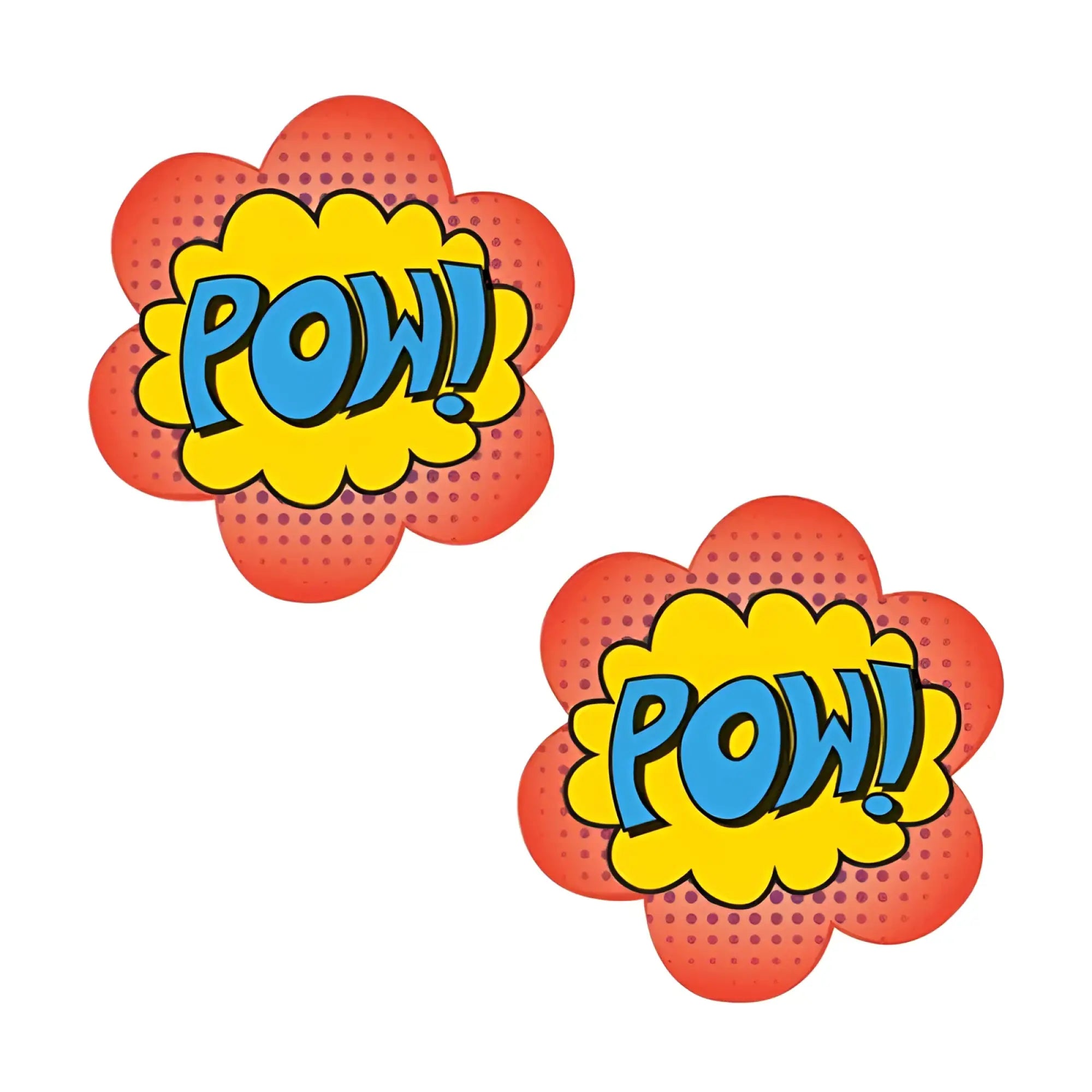 Neva nude pow pasties featuring vibrant red and yellow comic book style pow sound effect stickers with bold blue lettering