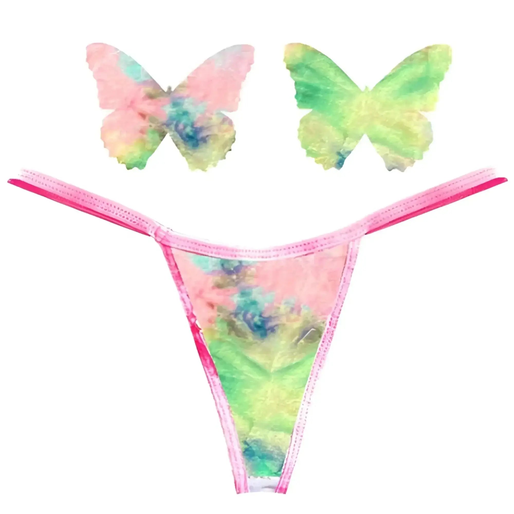 Neva Nude rainbow sherbet tie-dye butterfly-themed thong and matching butterfly clips in pink and green colors
