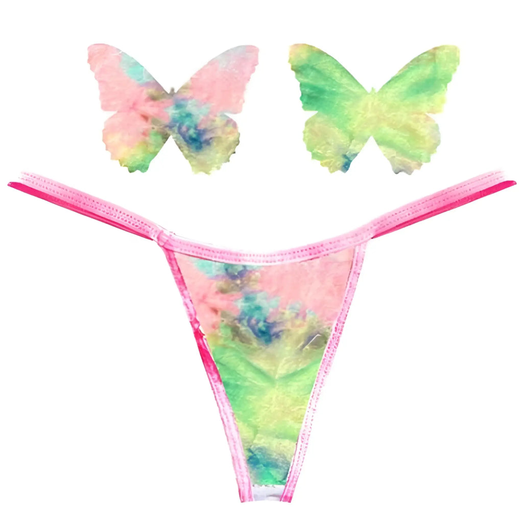 Neva Nude rainbow sherbet tie-dye butterfly-themed thong and matching butterfly clips in pink and green colors