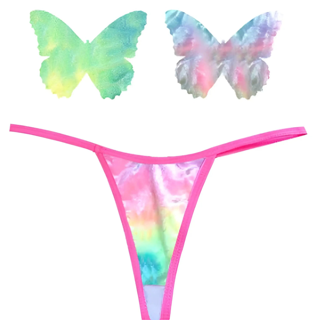 Pink thong with rainbow tie-dye pattern and matching butterfly-shaped adhesive patches from neva nude set