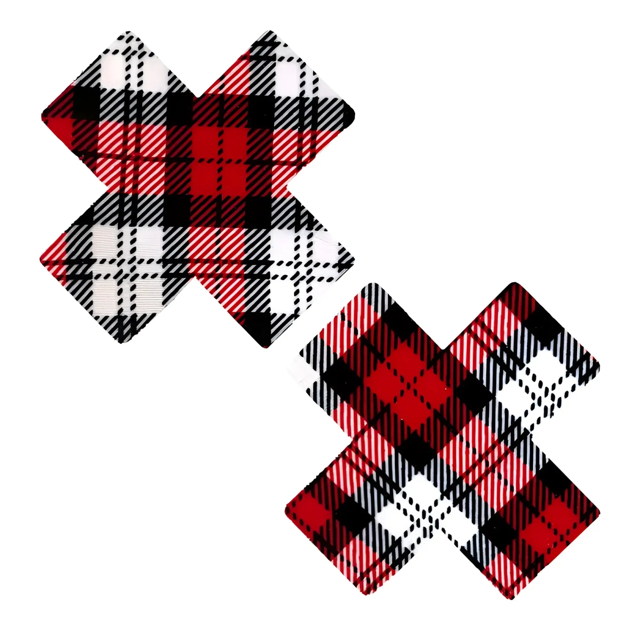 Neva nude school girl plaid x factor pasties in red black and white adhesive x shaped fabric patches