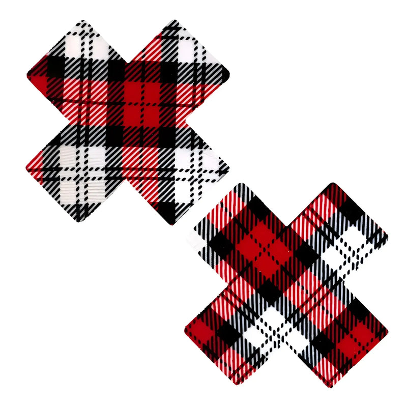 Neva nude school girl plaid x factor pasties in red black and white adhesive x shaped fabric patches