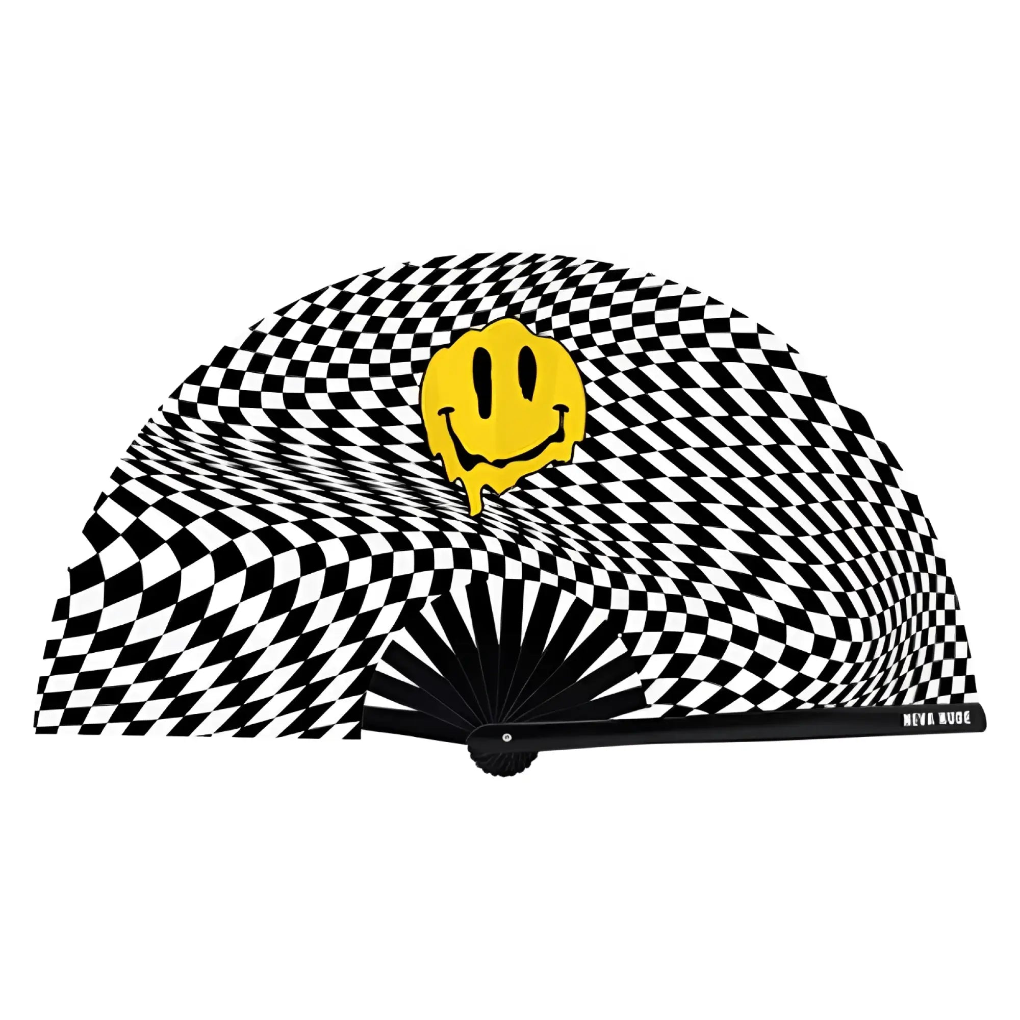 A black and white checkered folding fan with a yellow smiley face design from Neva Nude Trippy Checkers Melty Face series