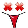 Neva nude vixen red wet vinyl thong with black trim and matching red x-shaped adhesive pasties set one size