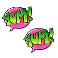 Neva nude yum pasties featuring vibrant green gradient yum comic speech bubbles with pink halftone backgrounds