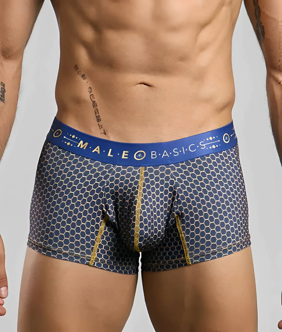 New malebasics trunk hipster menâ€™s boxer briefs in blue and gray honeycomb pattern with bold blue waistband