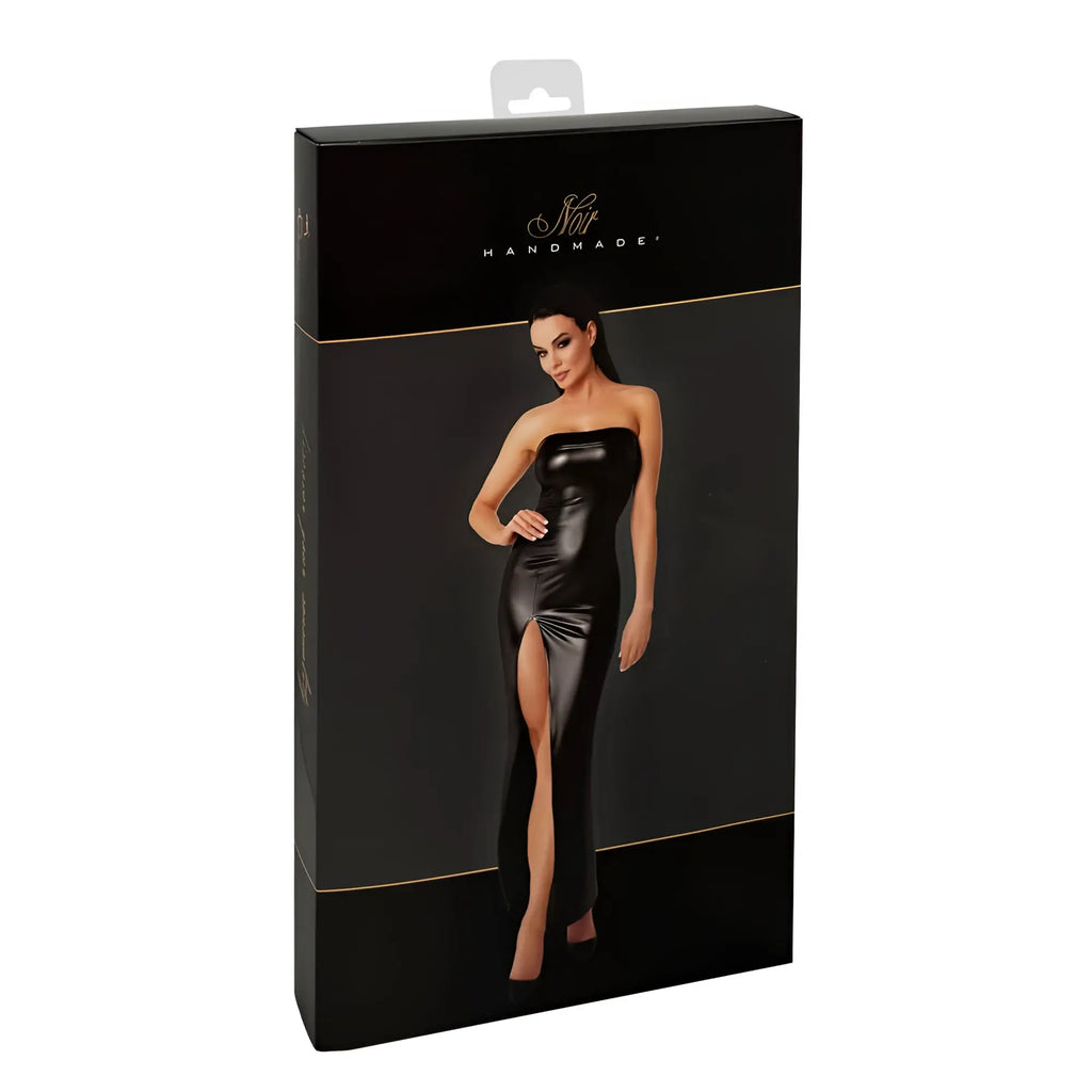 Black patent leather strapless noir aphrodisia long dress with a high slit for elegant evening wear