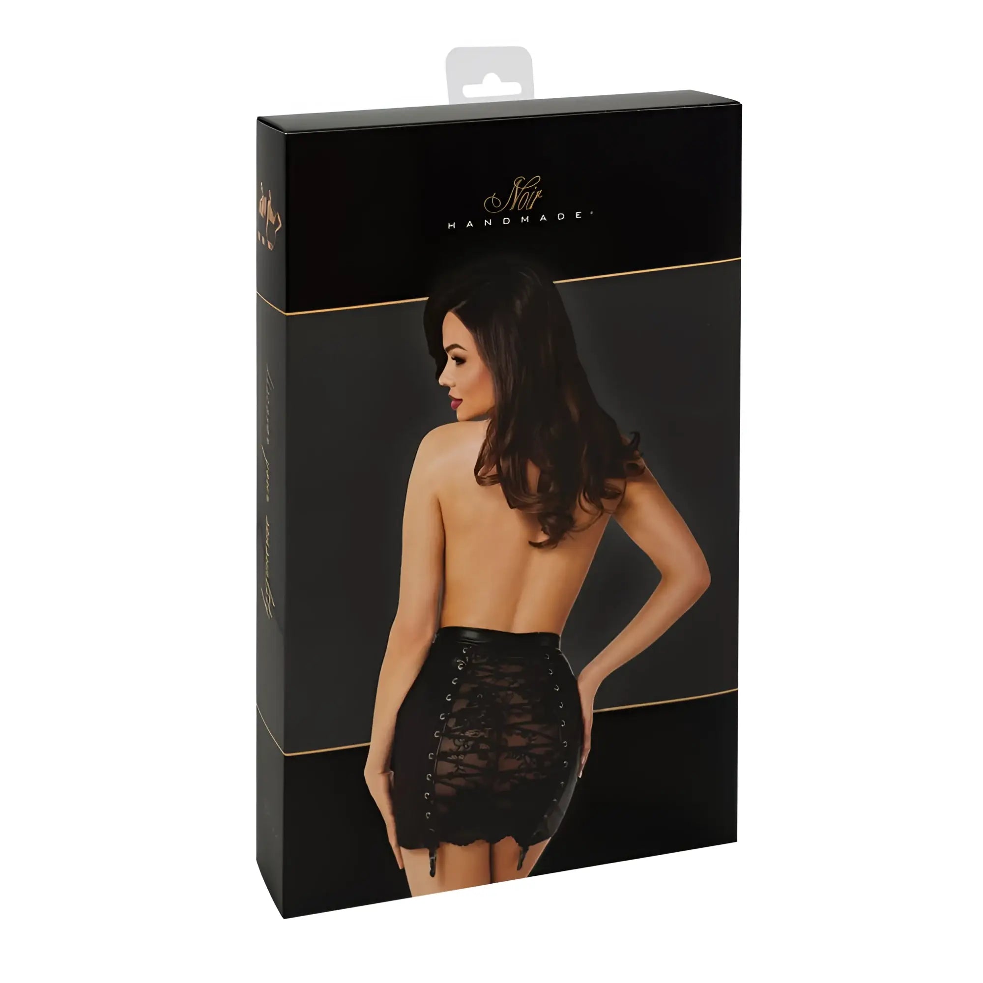 Noir corset mini skirt black lace with adjustable lacing and garter straps shown from the back side