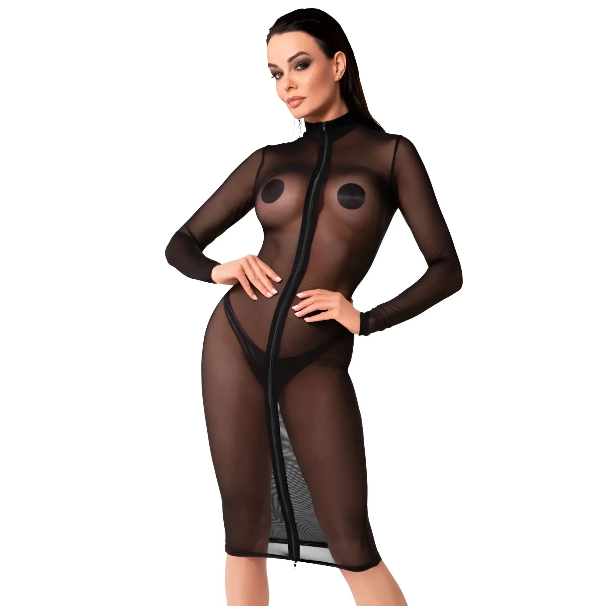 Noir ecstasy midi dress l black sheer mesh bodycon dress with full-length front zipper for elegant evening wear