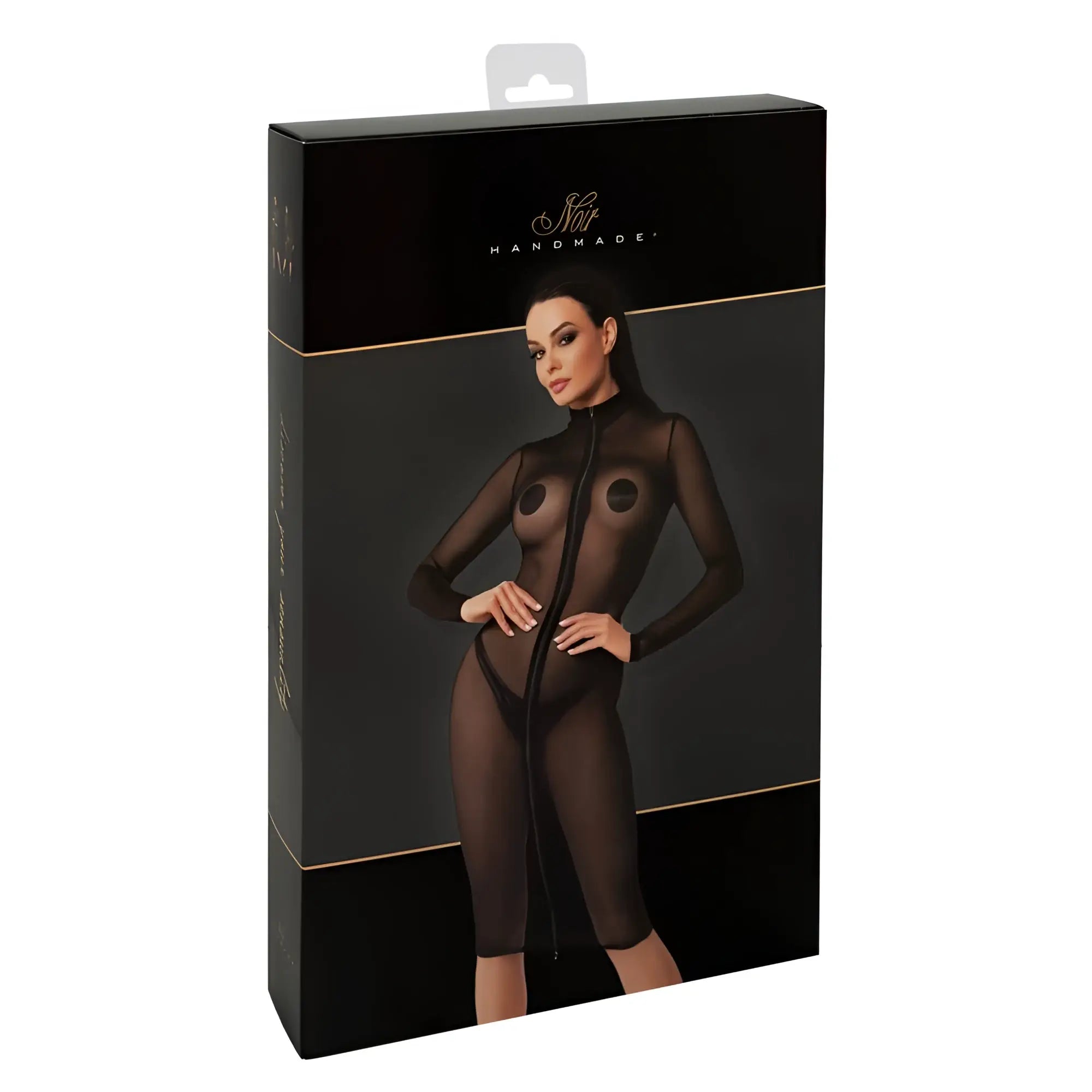 Black sheer mesh bodysuit noir ecstasy midi dress m with full-length zipper and circular bust cutouts in branded packaging