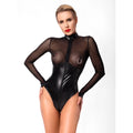 Black latex wetlook bodysuit with sheer long sleeves and metallic ring accents at the bust Noir Edge Mesh Body M
