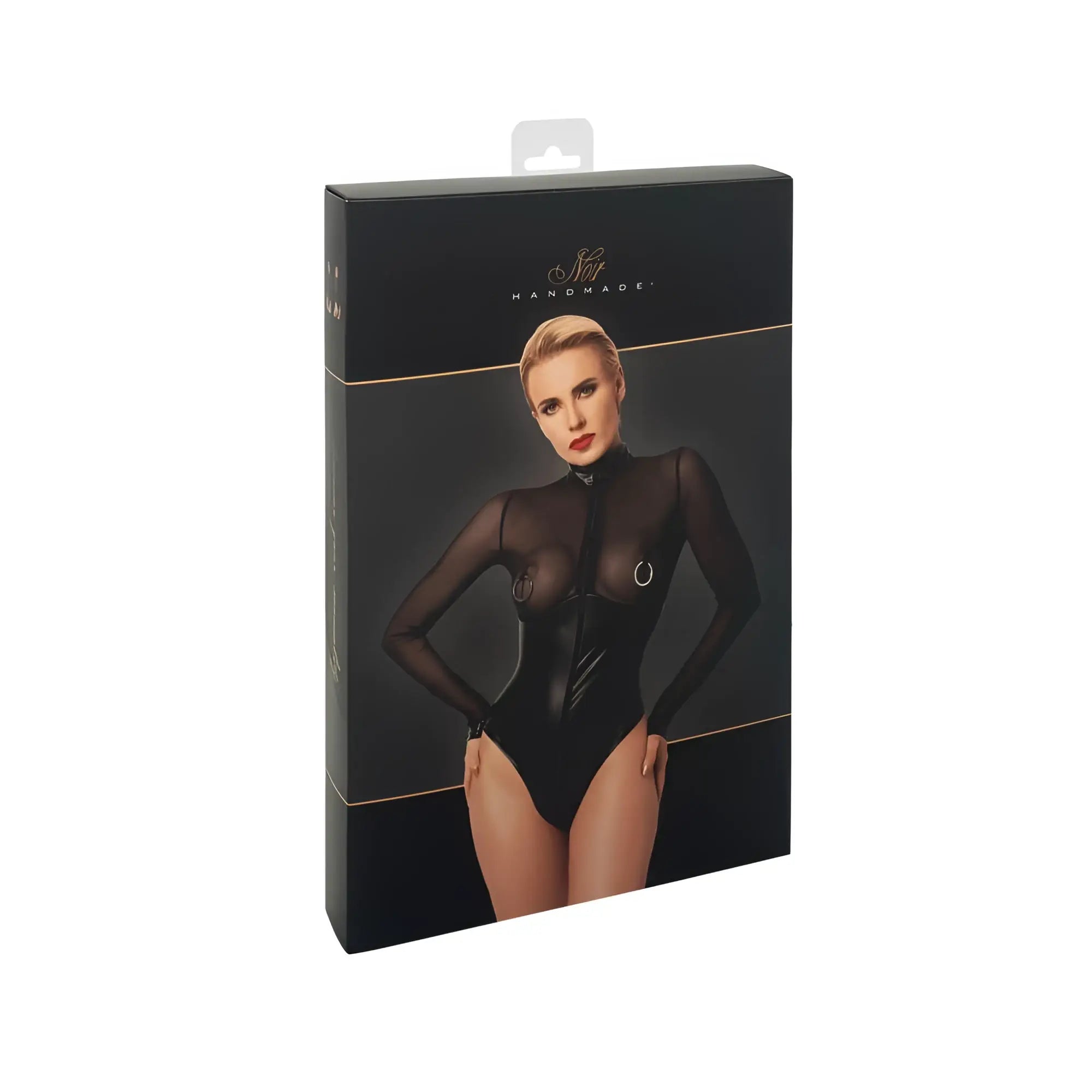 Black sheer long sleeved bodysuit with glossy latex front panel and circular metallic accents noir edge wetlook and mesh body w rings m