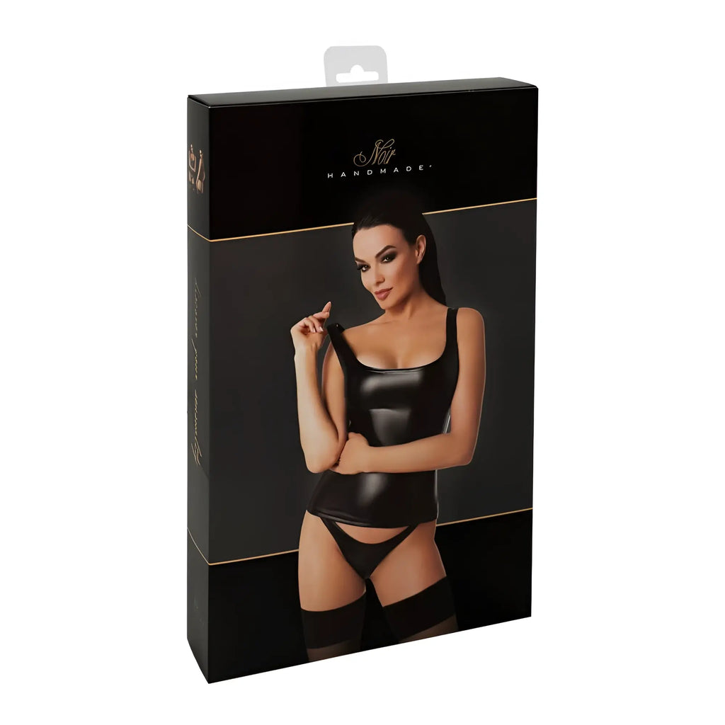 Noir elixir top s black glossy latex bodysuit set in sleek minimalist packaging design for stylish wear