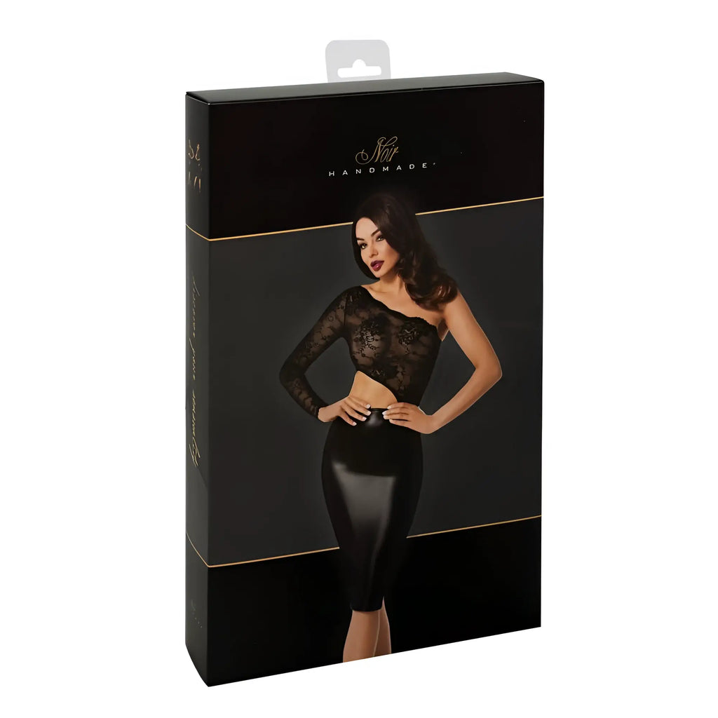 Black lace and faux leather two-piece lingerie set in a branded box from the noir erotica midi dress l collection