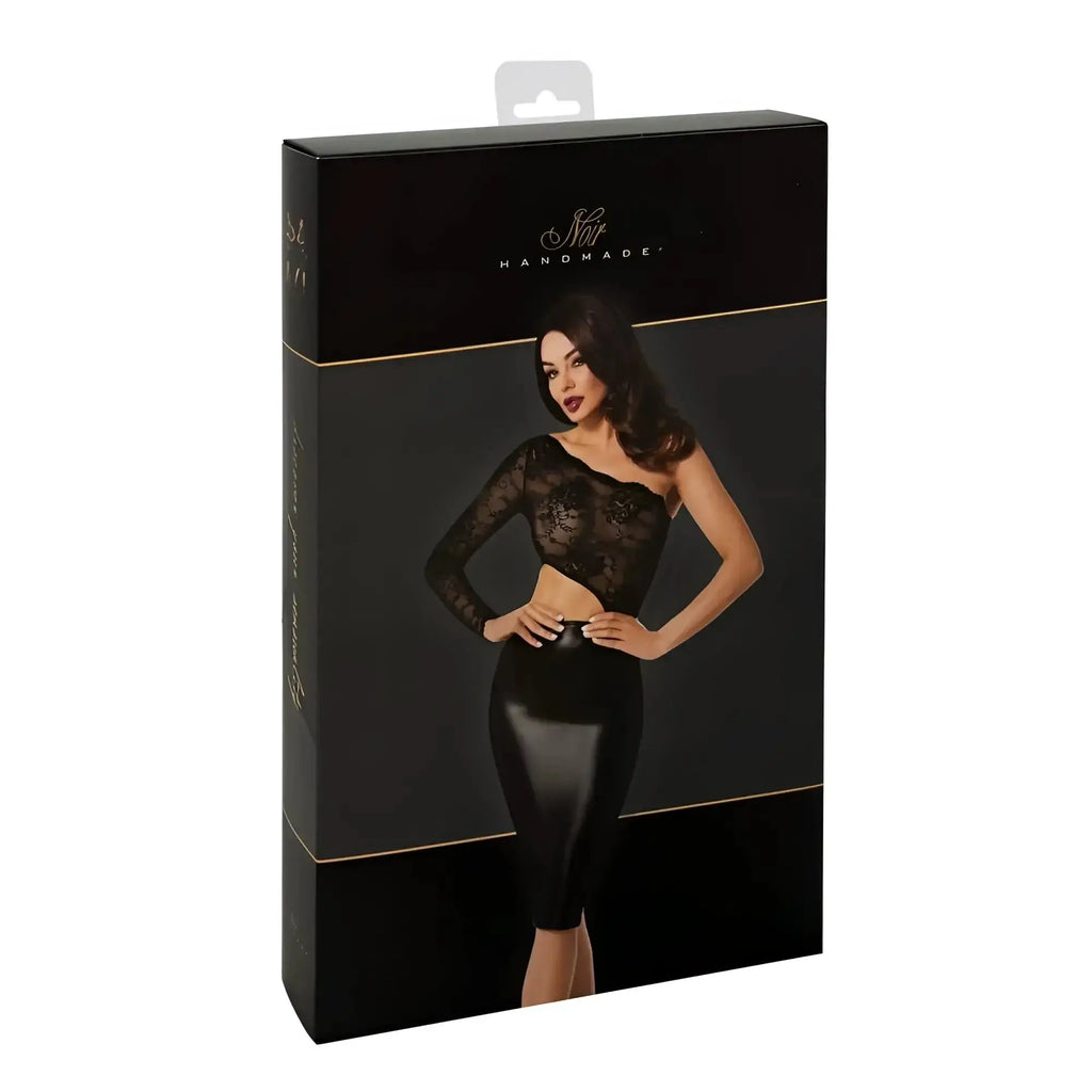 Black lace and faux leather two-piece lingerie set in a branded box from the noir erotica midi dress l collection