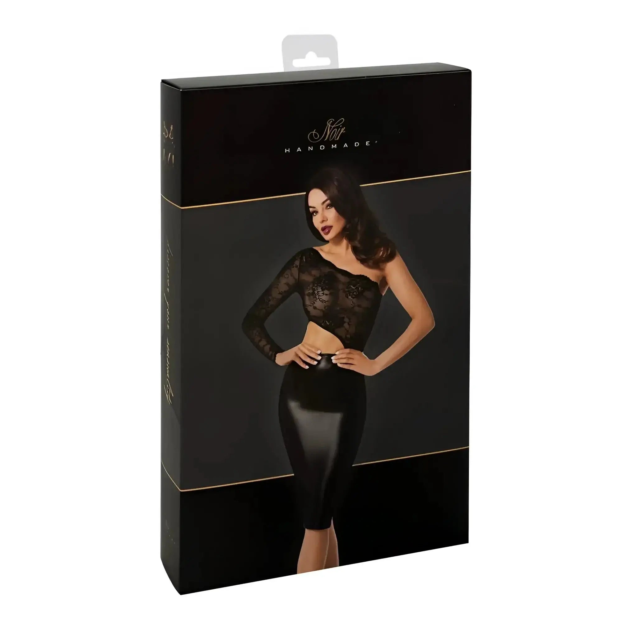 Black lace and faux leather two-piece lingerie set in a branded box from the noir erotica midi dress l collection