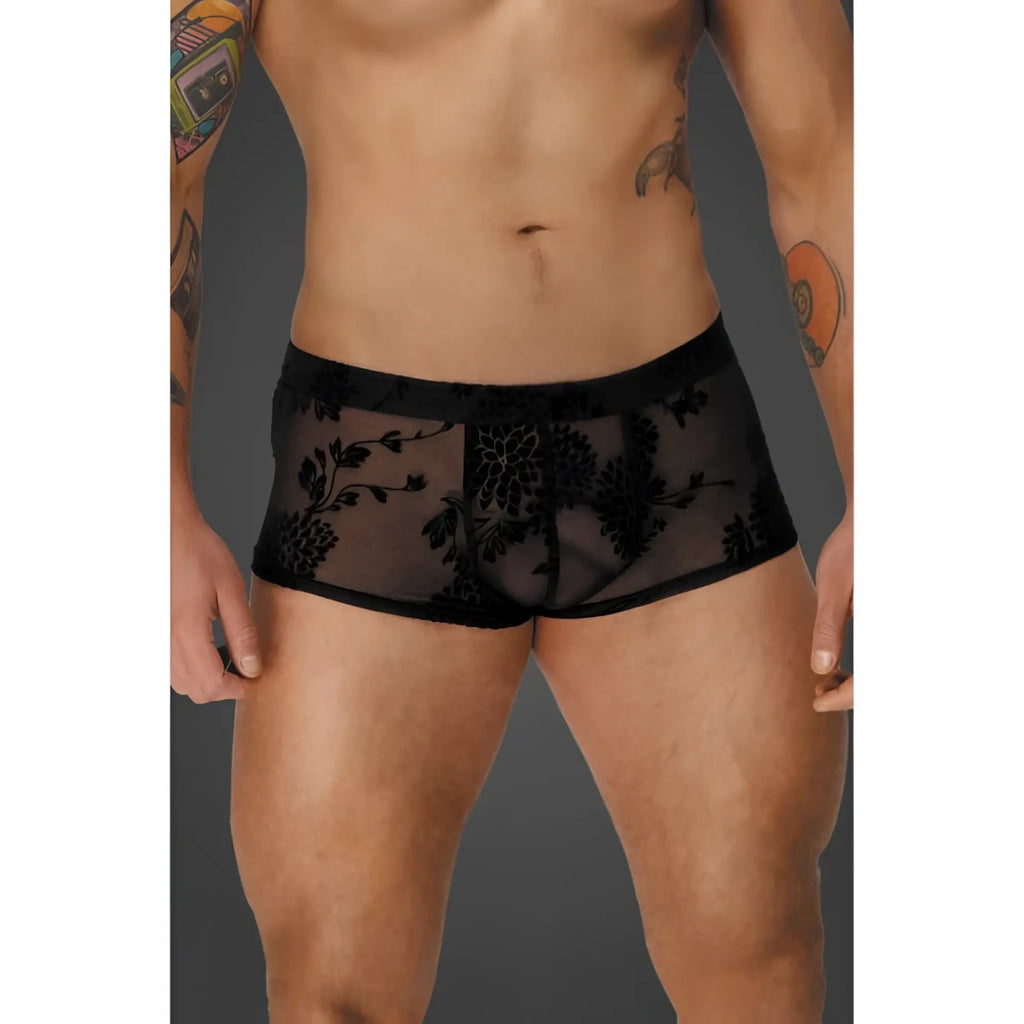 Black lace briefs with intricate floral embroidery in noir flock design short-shorts style front view