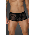 Black lace briefs with intricate floral embroidery in noir flock design short-shorts style front view