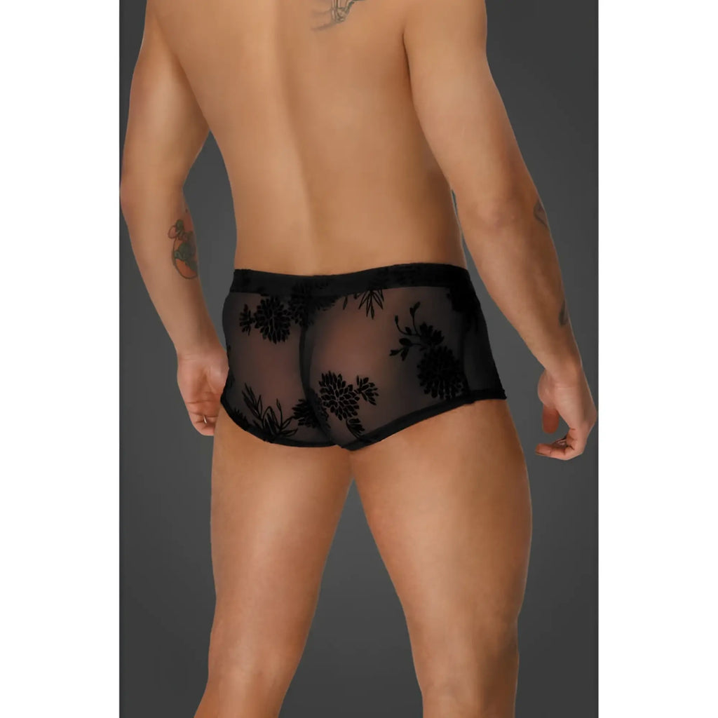 Black floral lace men’s underwear with sheer fabric and intricate embroidery noir flock embroidery short-shorts xl