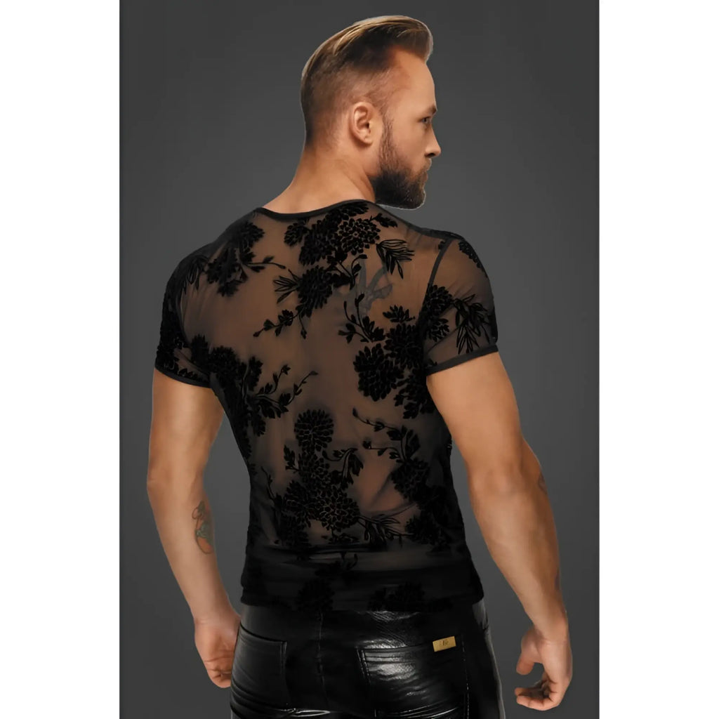 Black floral lace short-sleeved top with sheer mesh fabric featuring noir flock embroidery in size large