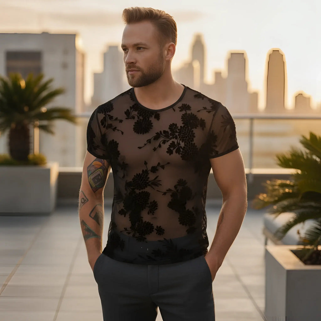Noir flock embroidery t-shirt xl featuring a black floral lace mesh short-sleeve top front view