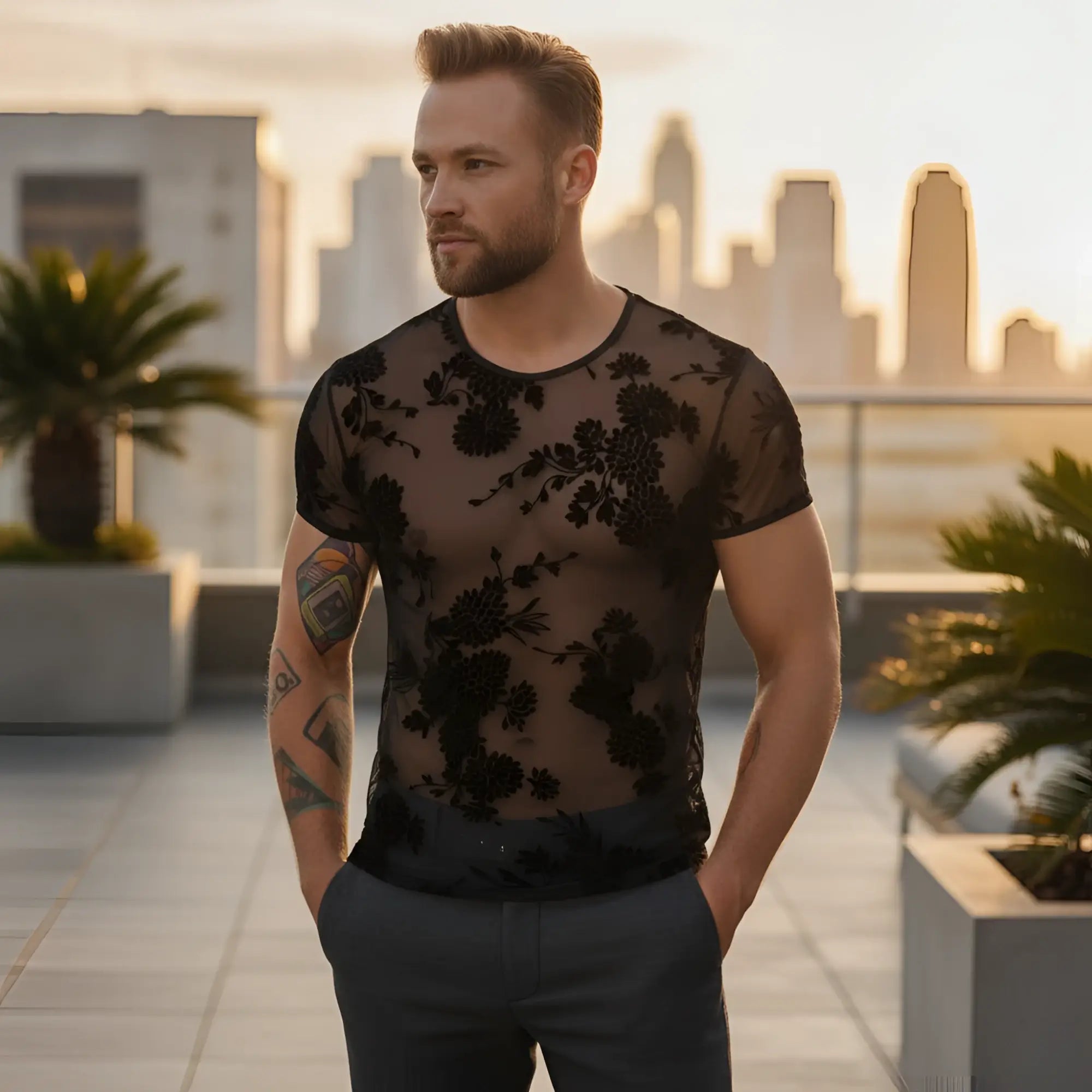 Noir flock embroidery t-shirt xl featuring a black floral lace mesh short-sleeve top front view