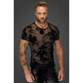 Noir flock embroidery t-shirt xl featuring a black floral lace mesh short-sleeve top front view