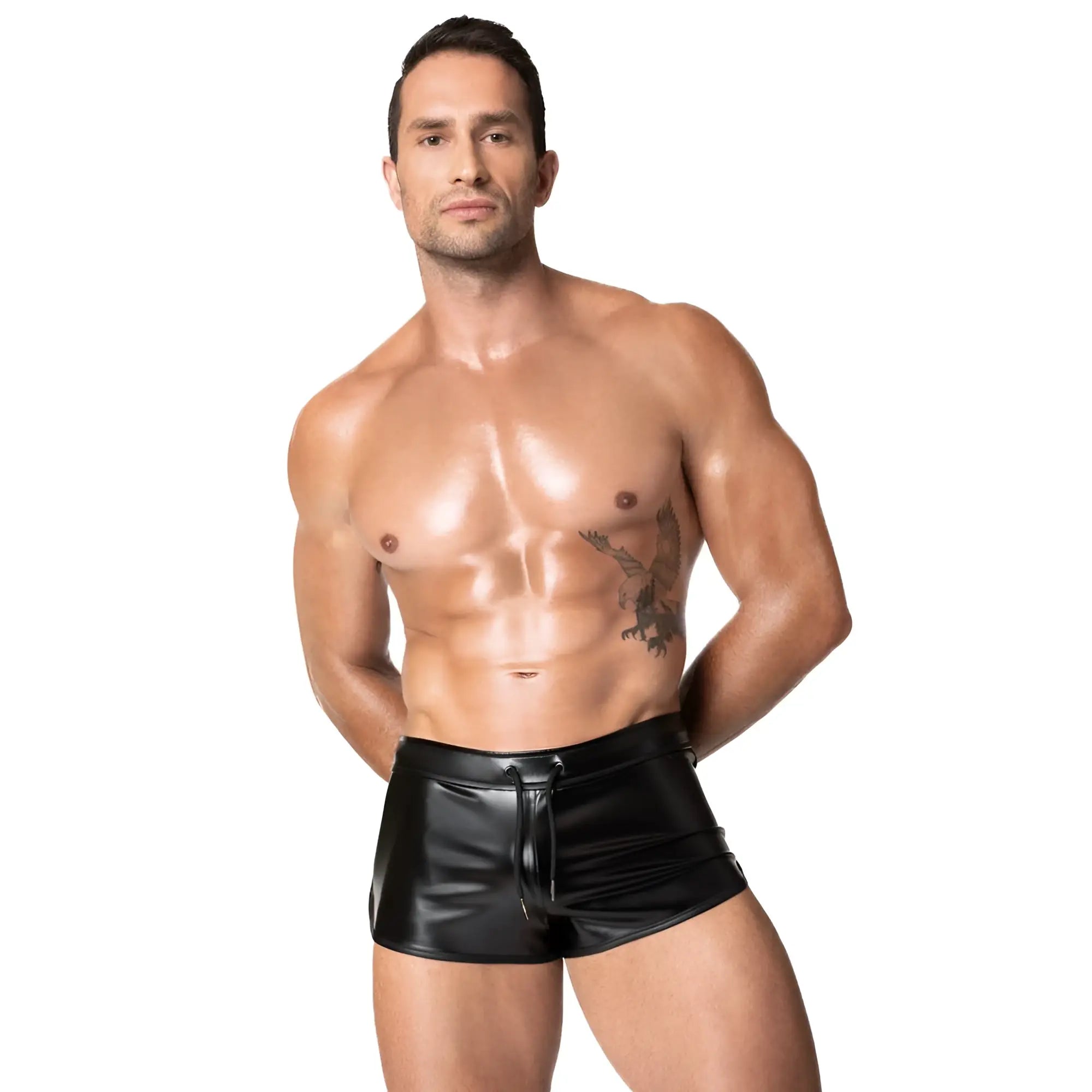 Black patent leather shorts with a drawstring waistband noir frenzy shorts m front view