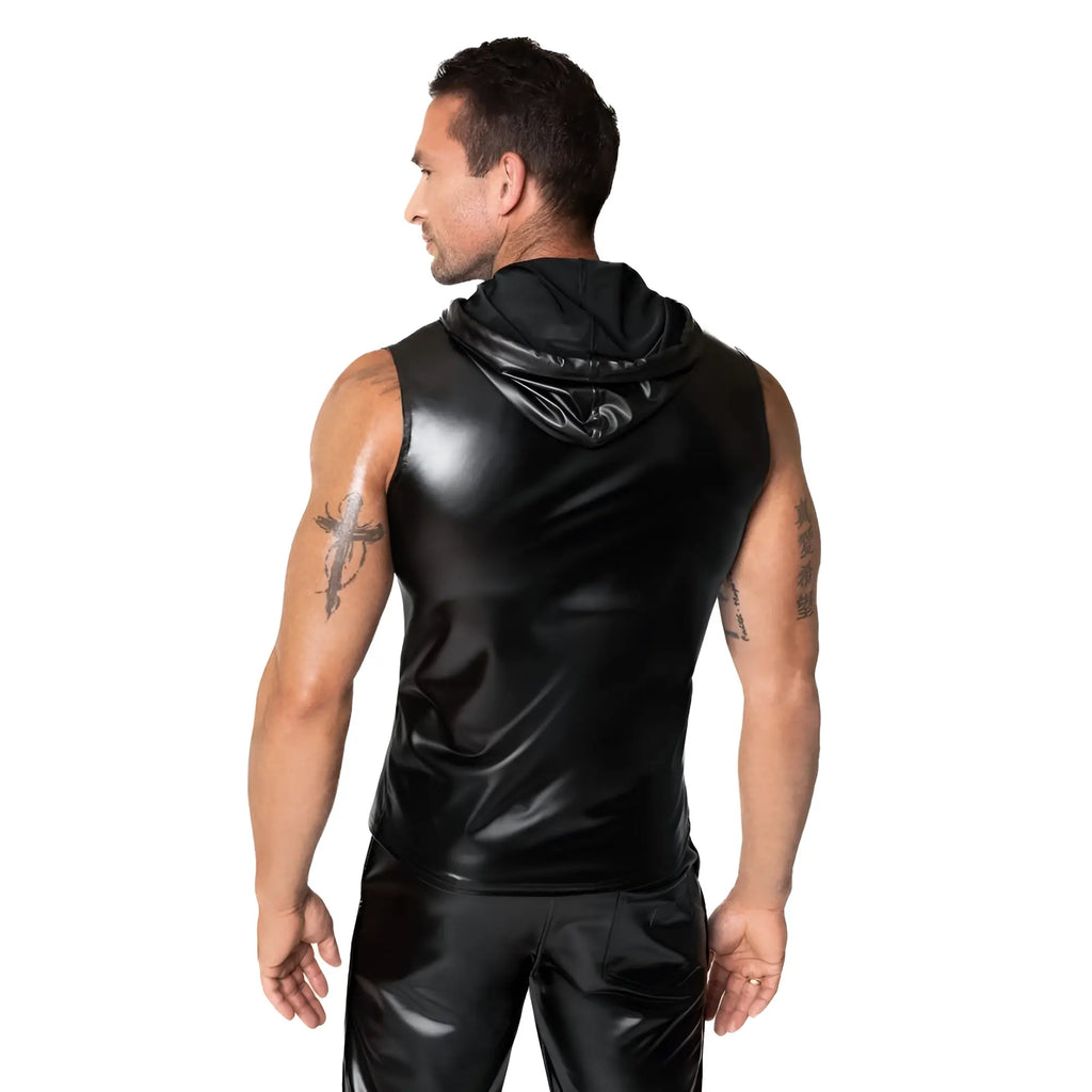 Black glossy vinyl sleeveless hoodie with hood showing front view for noir frenzy sleeveless hoodie m product