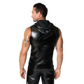 Black glossy vinyl sleeveless hoodie with a hood from Noir Frenzy in size S perfect for stylish layering