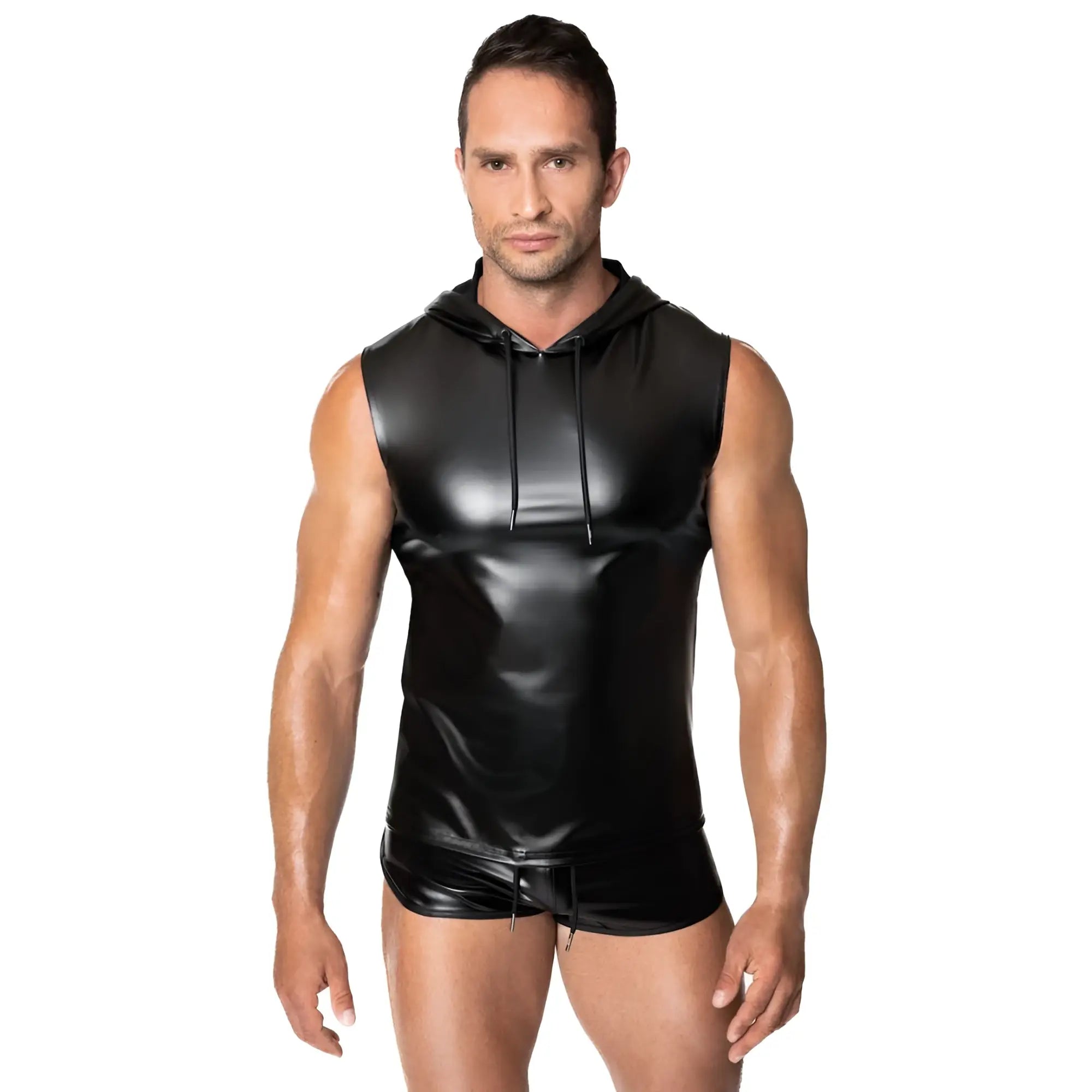 Black glossy vinyl sleeveless hoodie with drawstring hood and matching shorts in noir frenzy sleeveless hoodie s set
