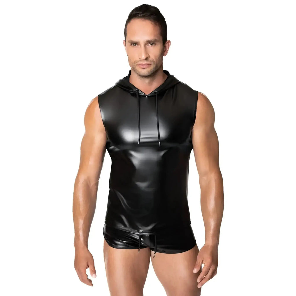 Black glossy vinyl sleeveless hoodie with drawstring hood and matching shorts from Noir Frenzy in XL size