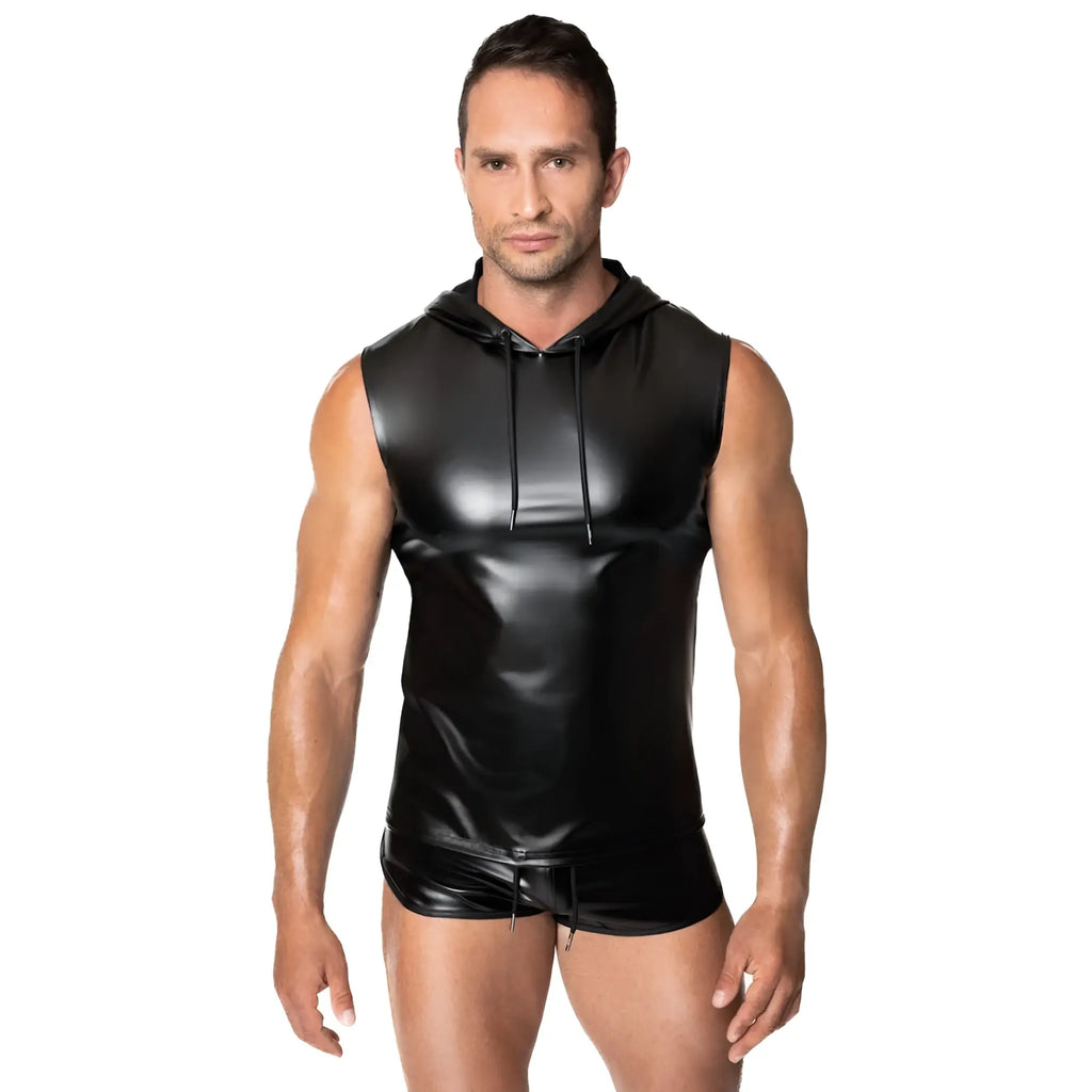 Black glossy vinyl sleeveless hoodie with drawstring hood and matching shorts from Noir Frenzy in XL size