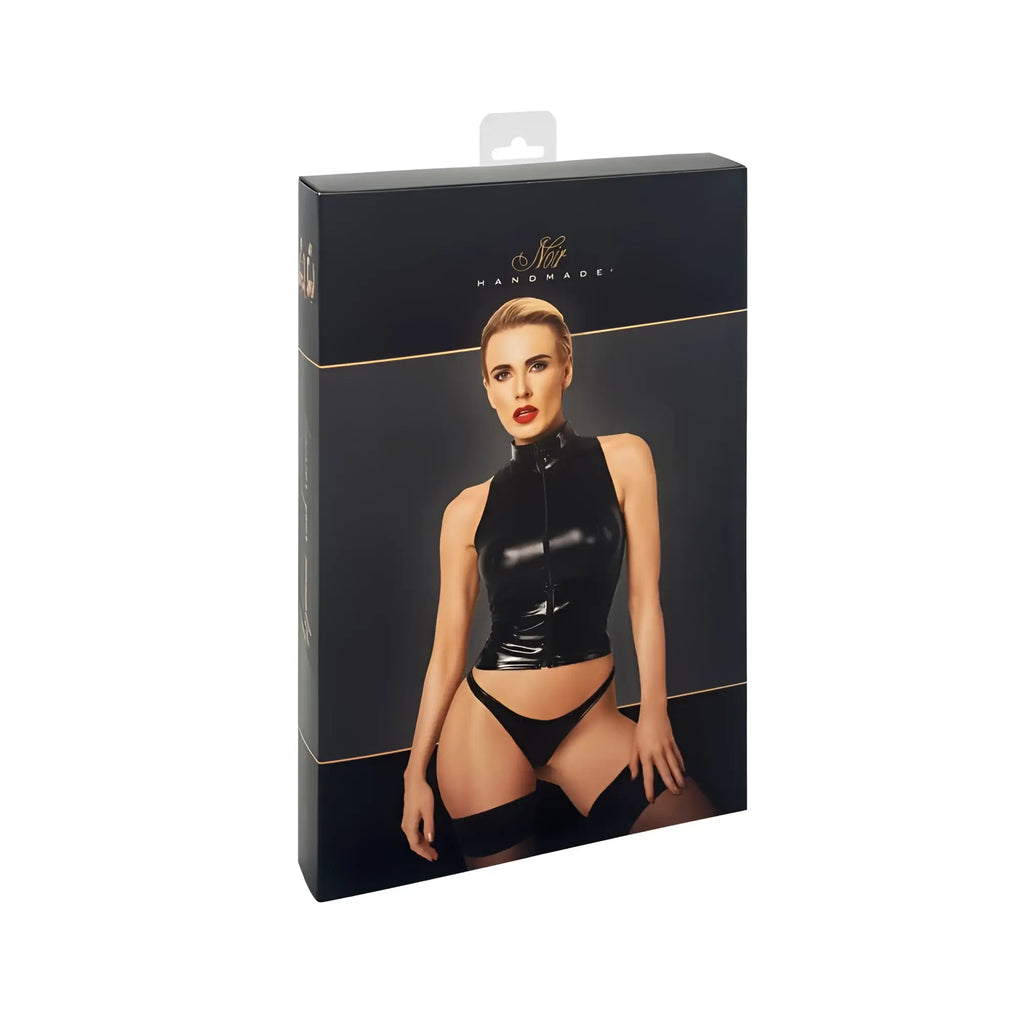 Black latex bodysuit with high collar and front zipper displayed on black packaging box for noir glam wetlook top w vinyl corset xl