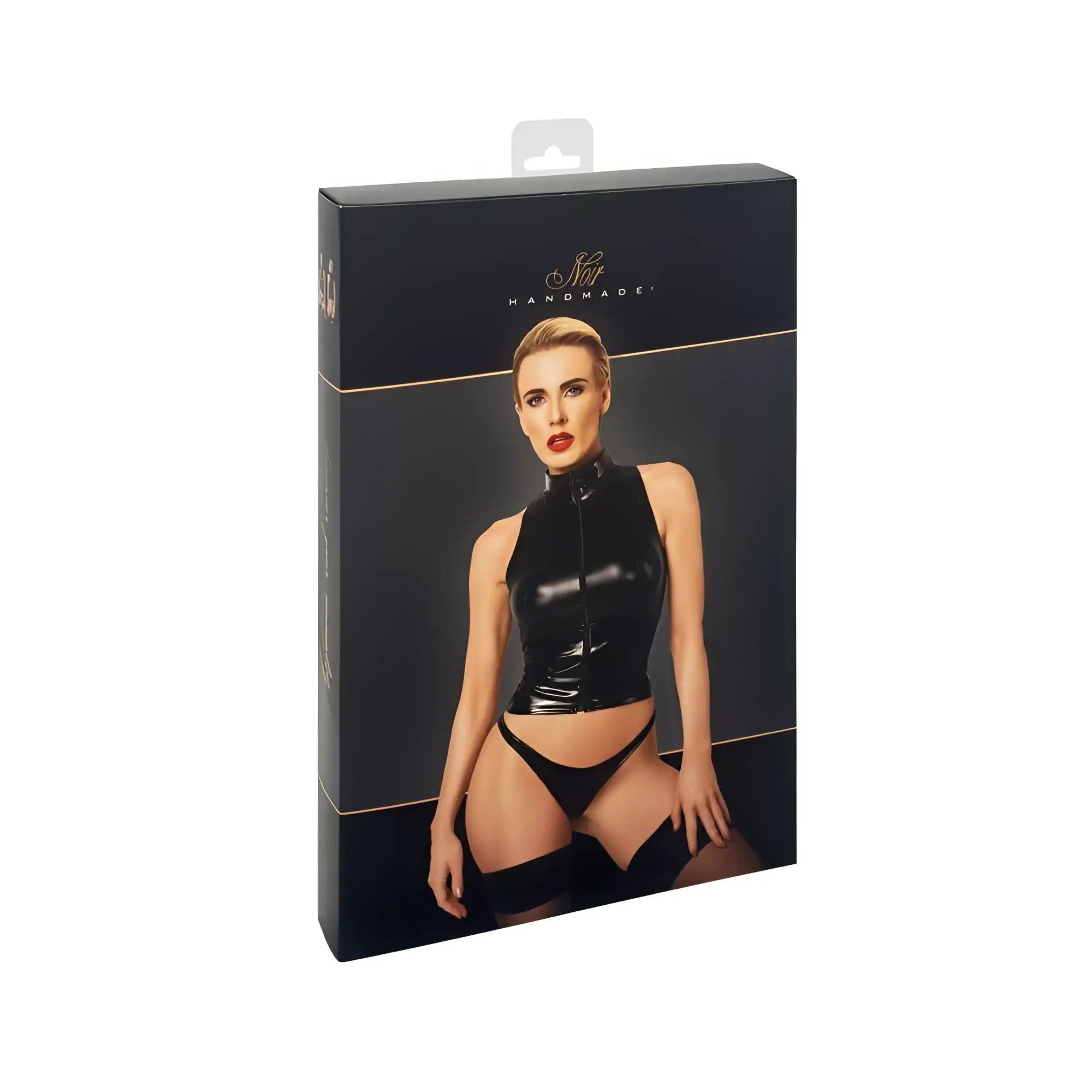 Black latex bodysuit with high collar and front zipper displayed on black packaging box for noir glam wetlook top w vinyl corset xl
