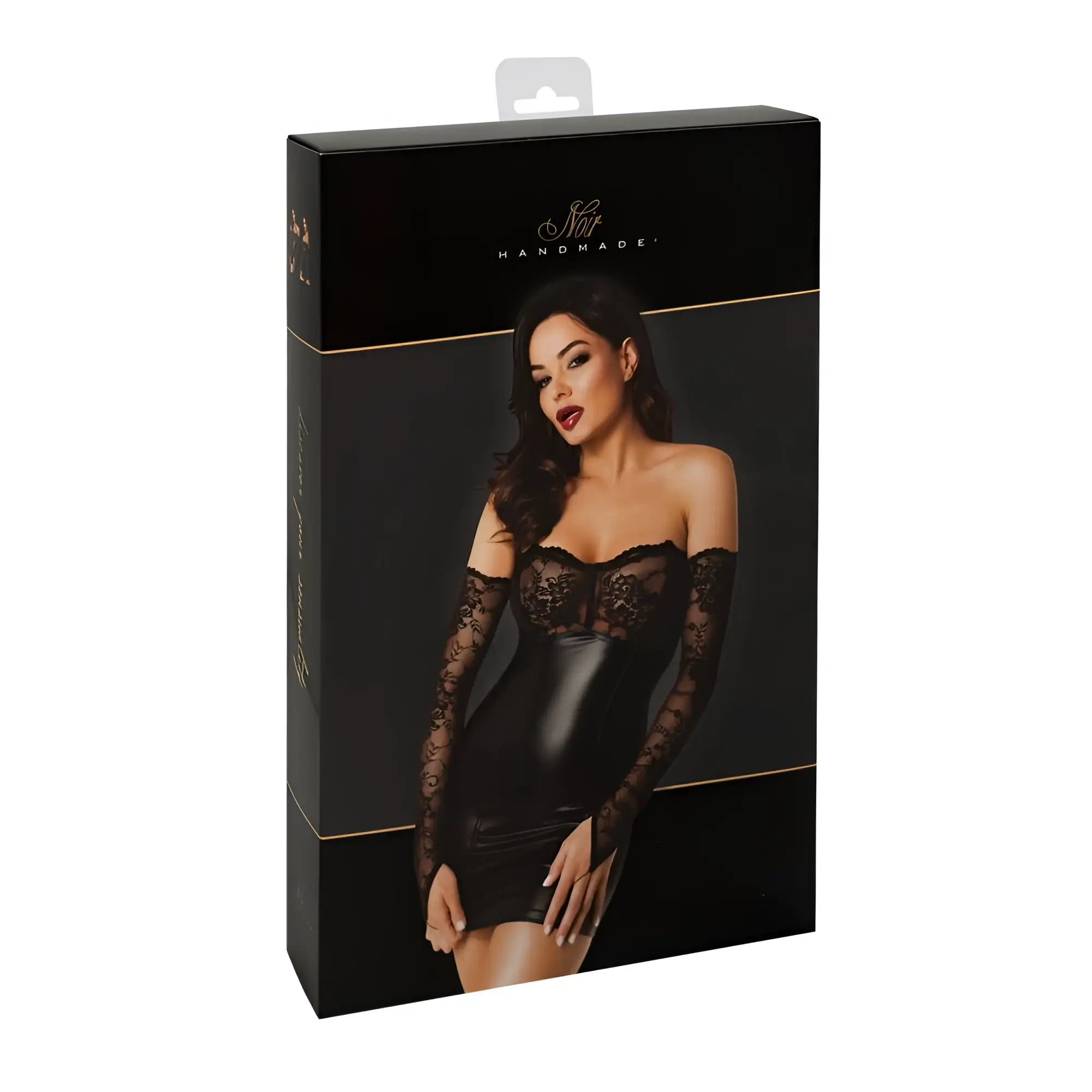 Noir harmonia mini dress m black lace and faux leather long sleeve bodysuit front view