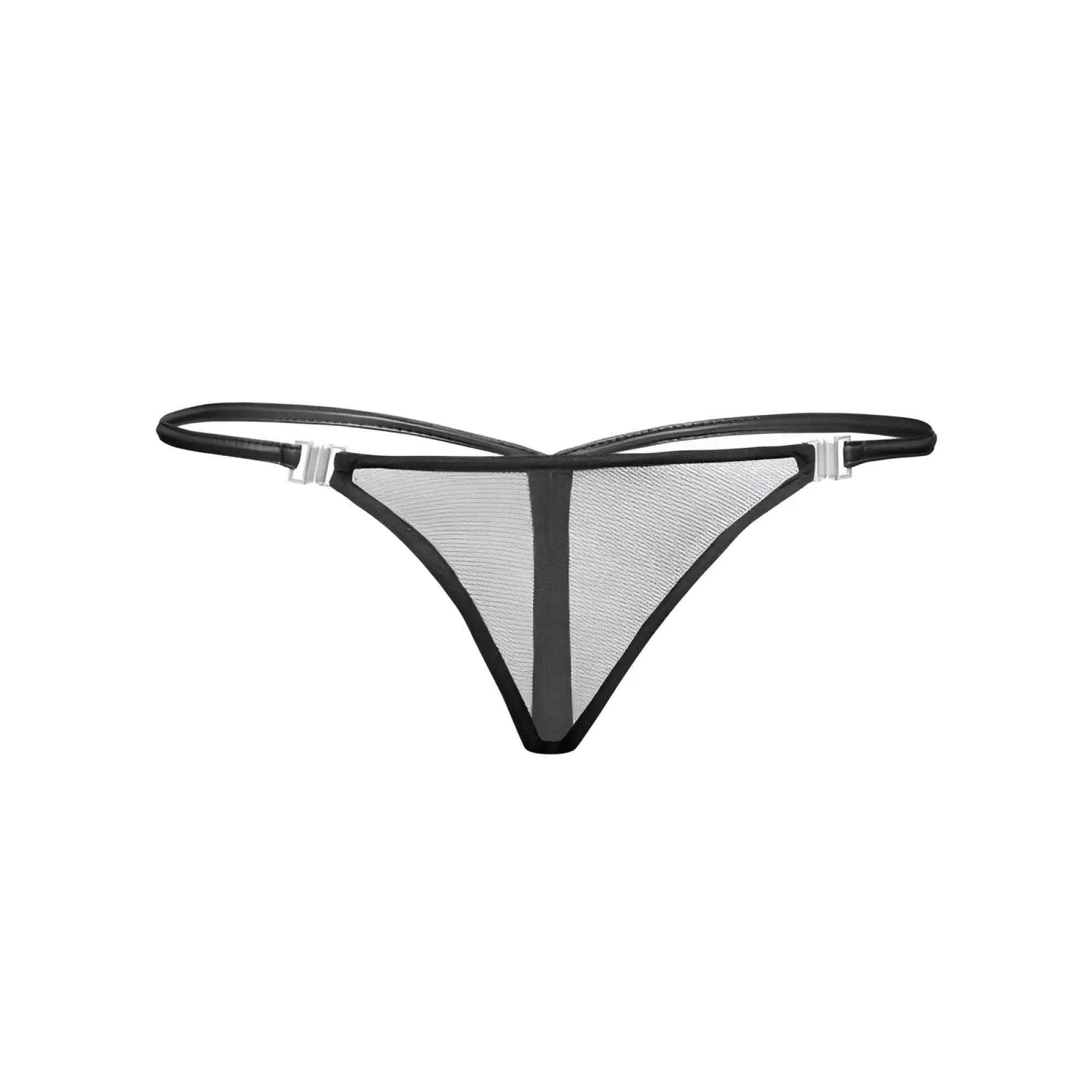Black mesh thong with sleek minimalist design and silver toned clasps at the back noir inviting tulle g string l