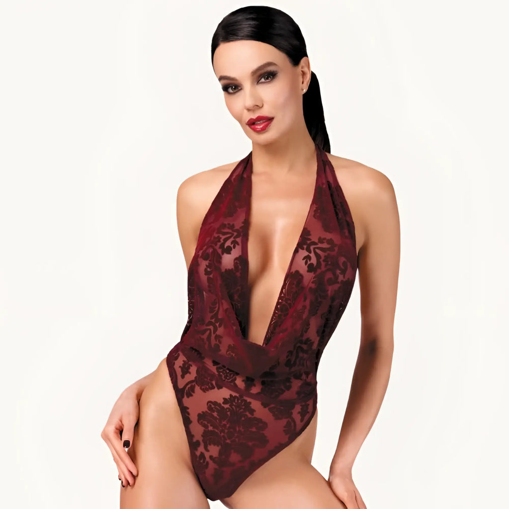Noir kink royal draped plunge bodysuit red extra small deep burgundy lace halter one-piece swimsuit with intricate dark pattern