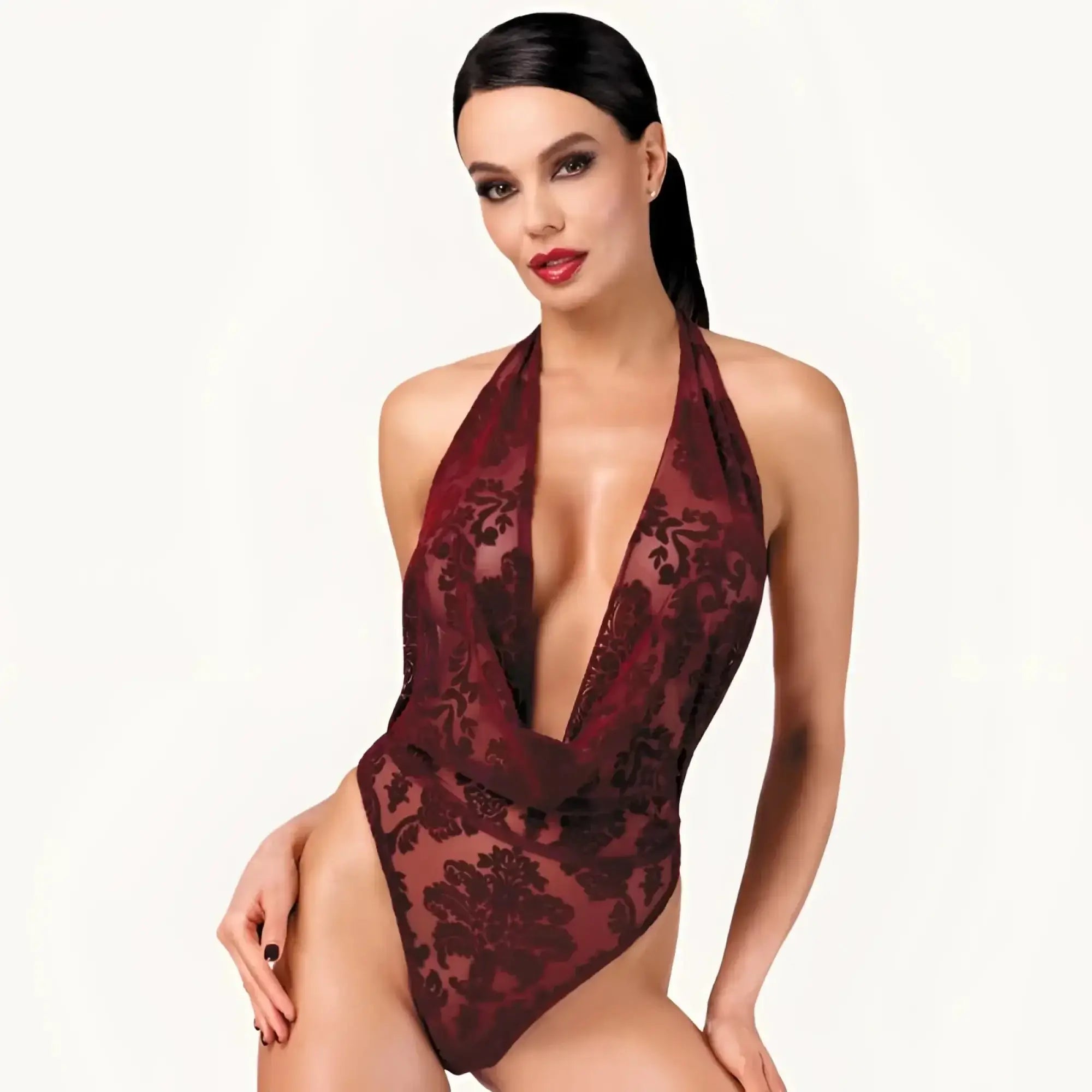 Noir Kink Royal Draped Plunge Bodysuit red medium deep burgundy lace halter one-piece swimsuit with intricate dark pattern
