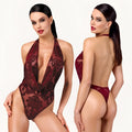 Noir kink royal draped plunge bodysuit red small deep burgundy lace halter one-piece swimsuit with floral pattern and plunging neckline