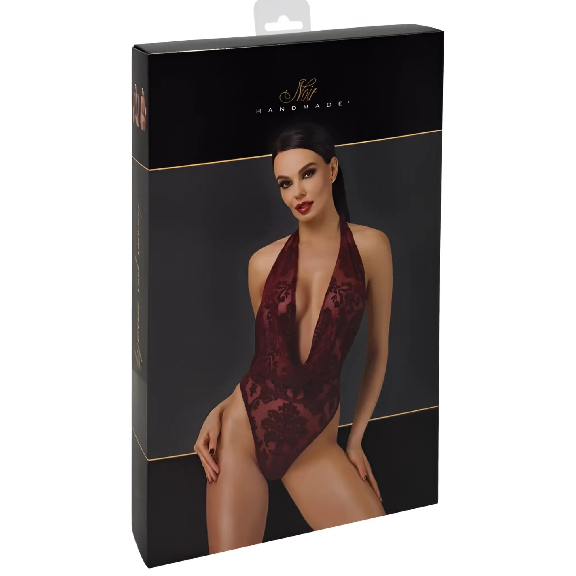 Noir kink royal draped plunge red small bodysuit maroon lace halter deep neckline floral pattern in branded packaging