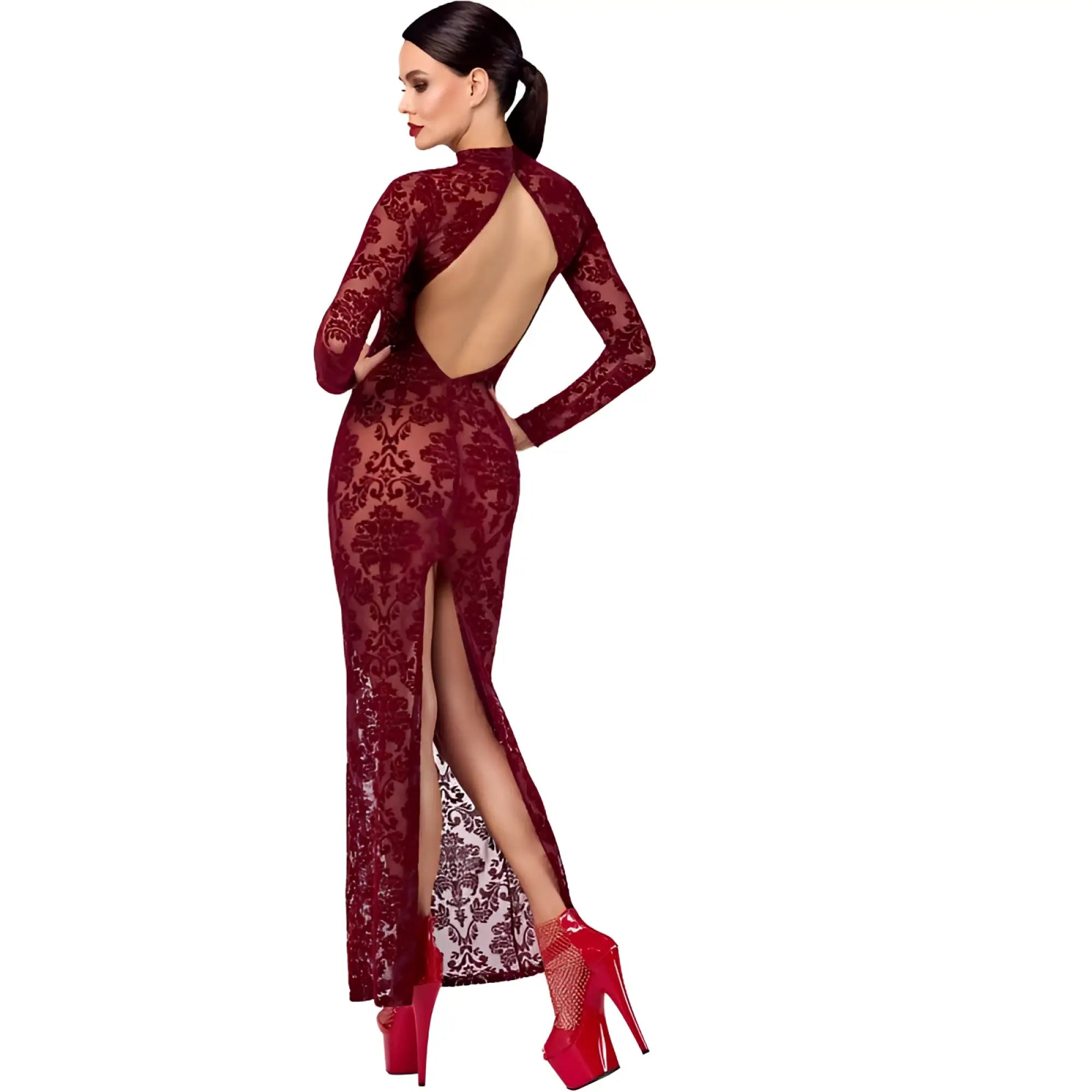 A deep red lace noir kink royal gown extra small with high neckline open back and thigh-high slit shown from back side