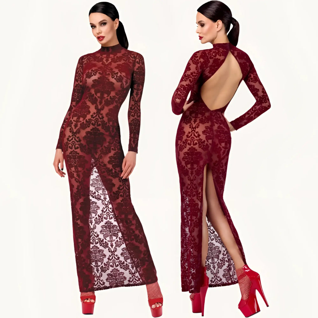 Back view of noir kink royal gown red extra small form-fitting burgundy lace gown with high neckline and backless design