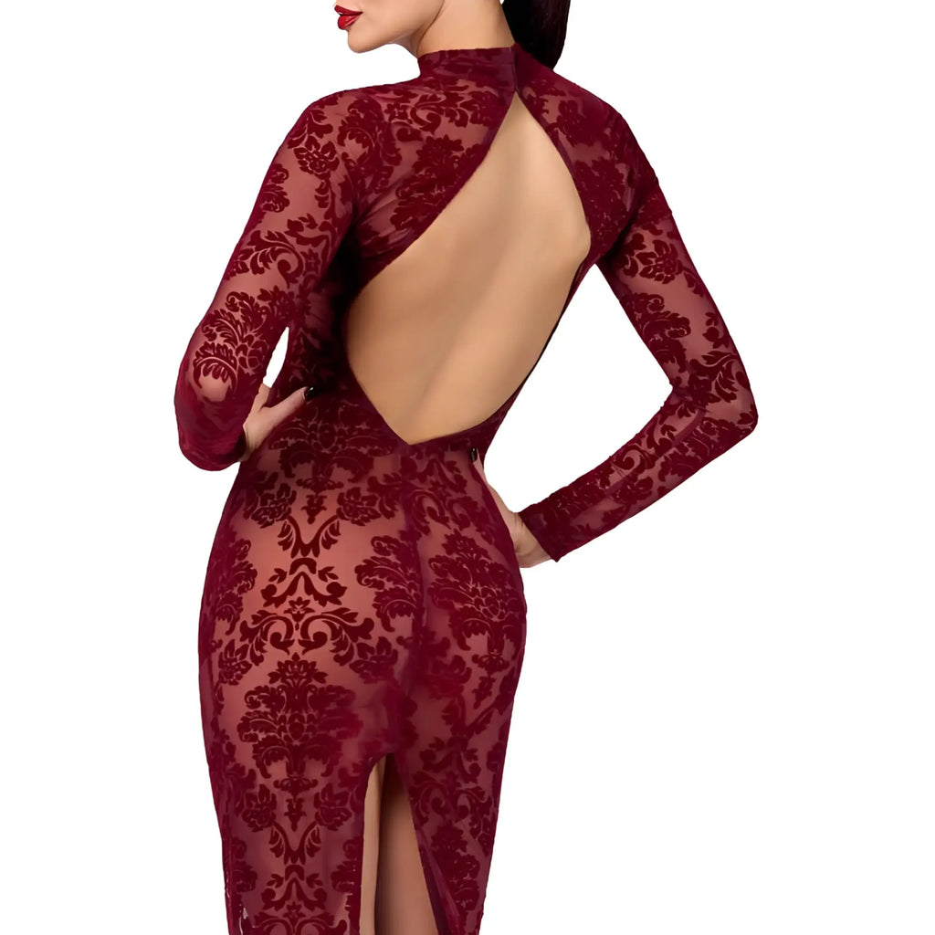 Noir Kink Royal gown red medium form-fitting deep burgundy lace dress with high neckline and open back shown from back side