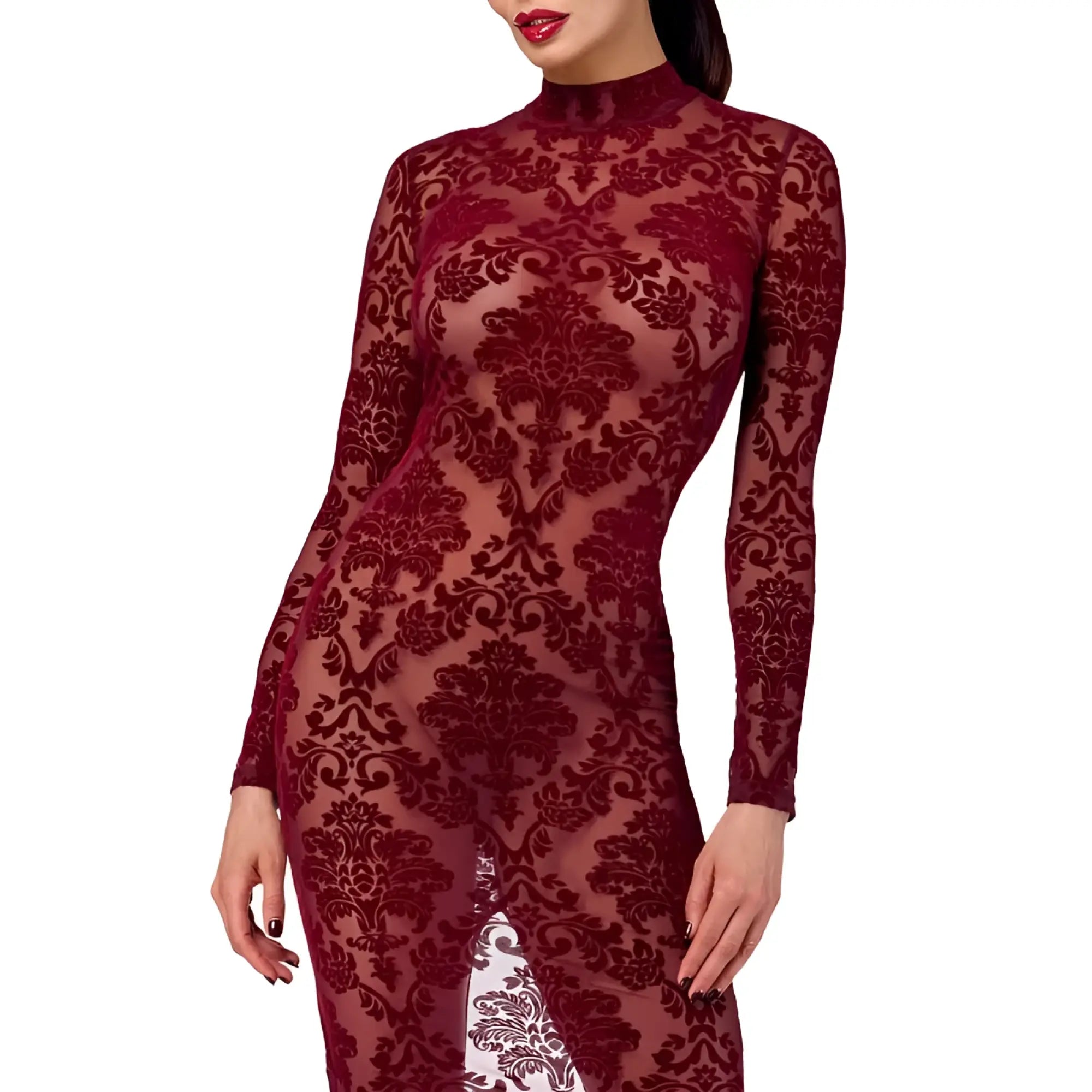 Noir kink royal gown red medium is a form-fitting long-sleeved burgundy lace dress with a high neckline and floral damask pattern