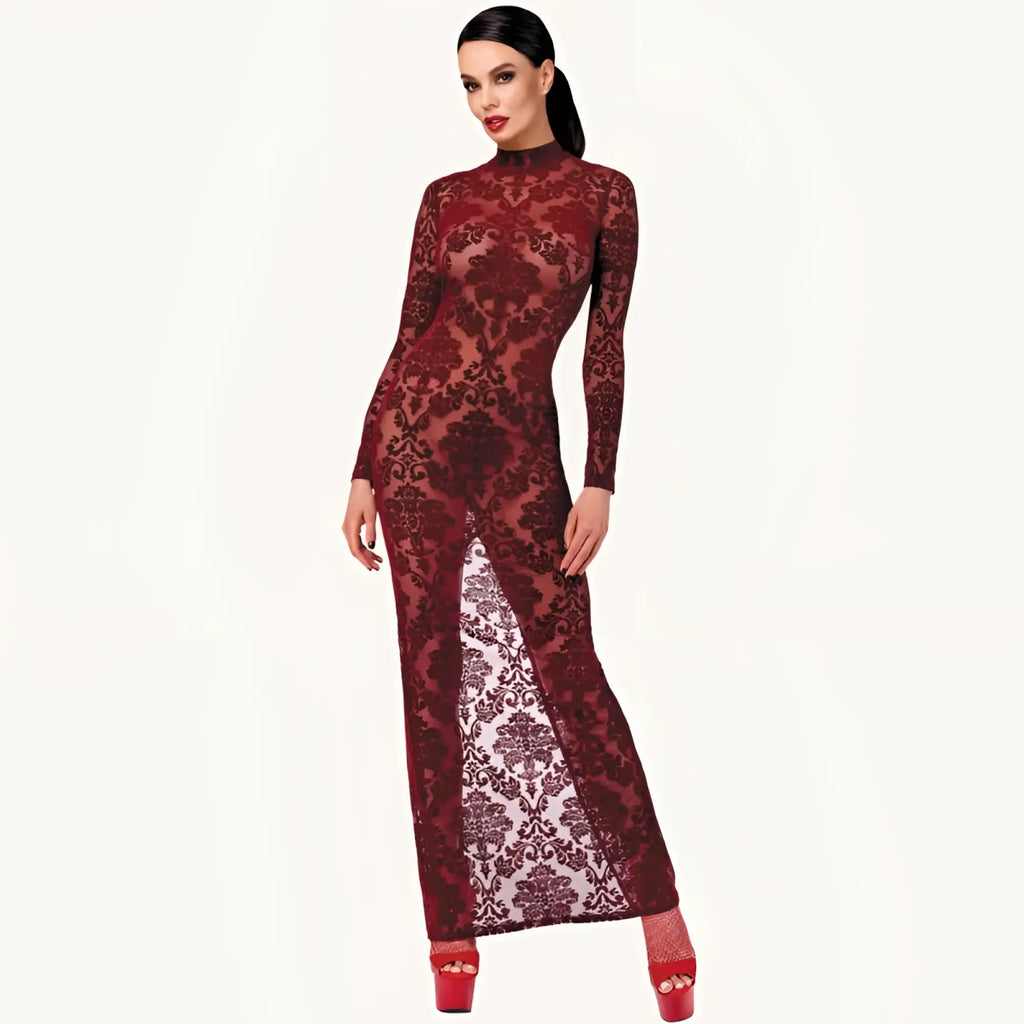 Noir Kink Royal Gown red medium long-sleeved form-fitting burgundy lace gown with high neckline and damask pattern