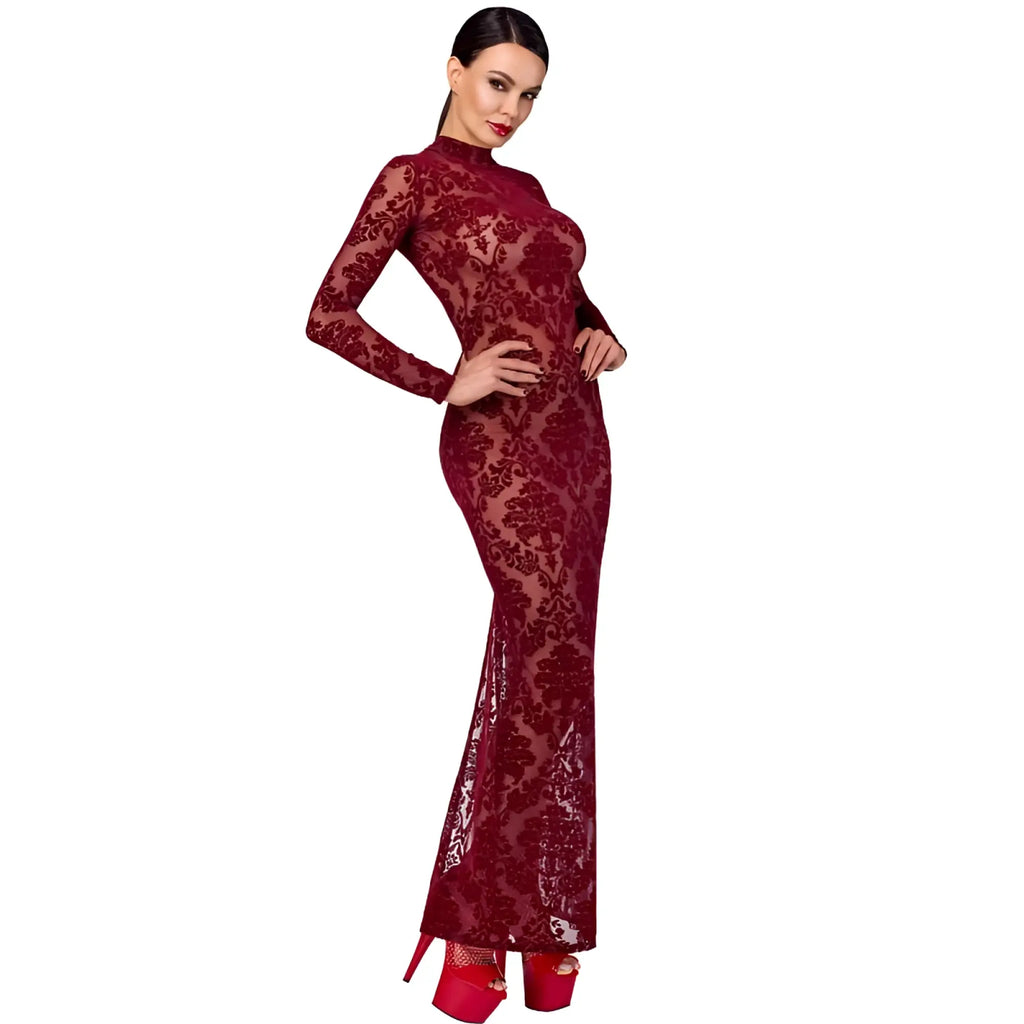 A form-fitting long-sleeved burgundy lace gown with high neckline and flared skirt noir kink royal gown red small