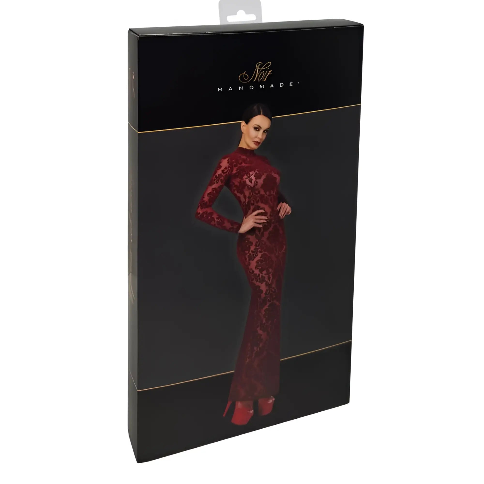 A woman wearing a deep red long-sleeved lace noir kink royal gown with a high neckline and flared skirt on black packaging