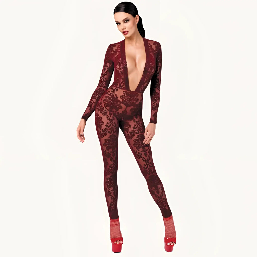 Noir kink royal v neck catsuit red extra small is a form-fitting deep burgundy lace bodysuit with black floral patterns and a plunging neckline