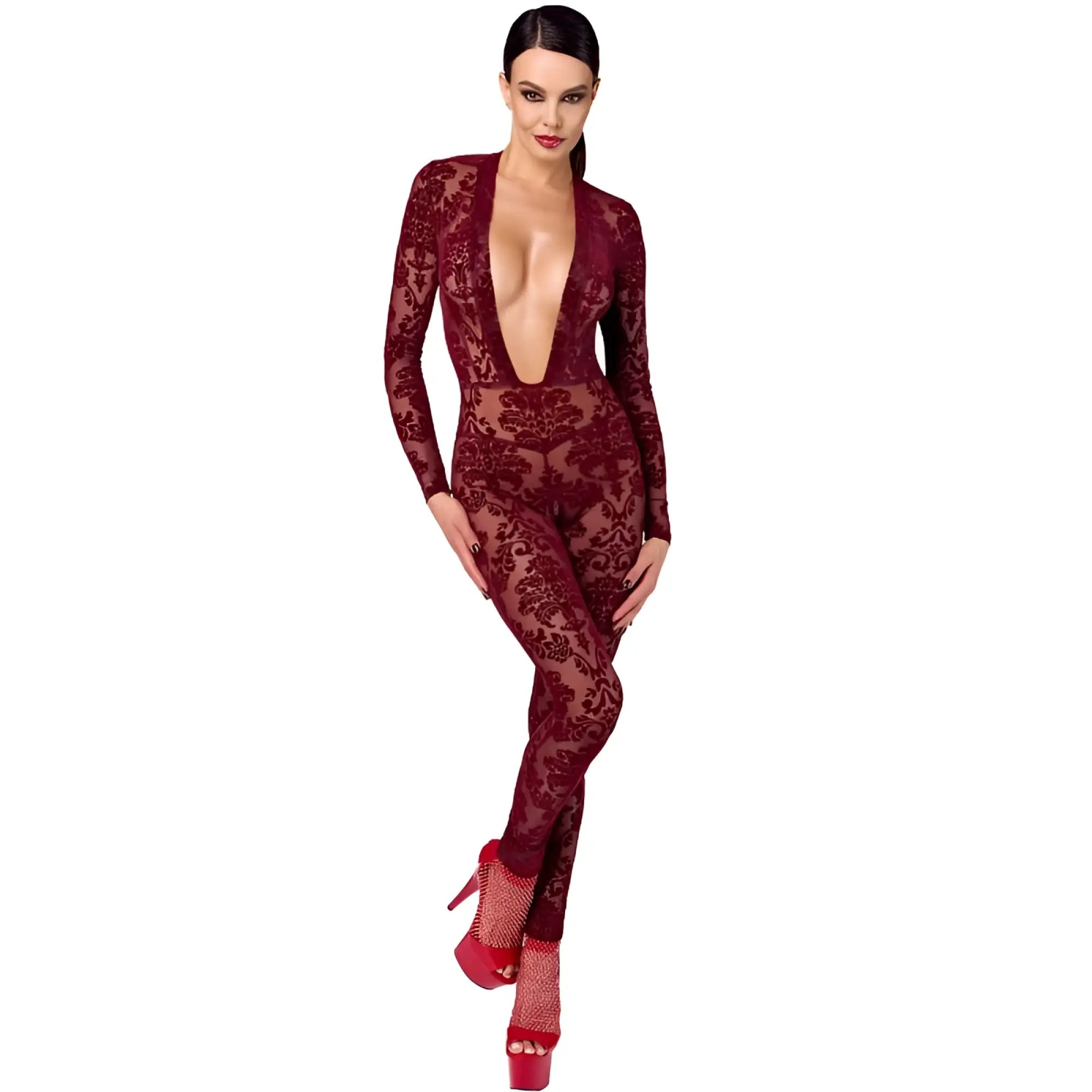 Noir kink royal v neck catsuit red extra small maroon lace bodysuit with deep plunging neckline and long sleeves